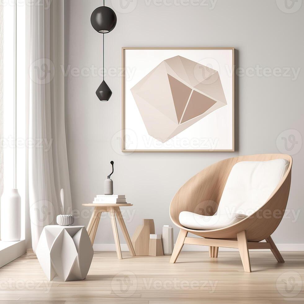 Mock up frame in home interior background, white room with natural wooden furniture, Scandi-Boho style. photo