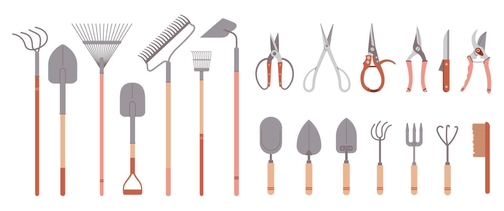 Big set gardening tools for farmer garden household. Agriculture tools drawn in flat cartoon style isolated on white background. vector