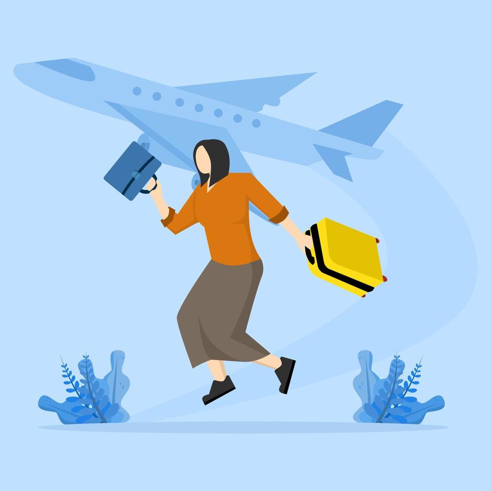 Business or tourism travel concept, work on the go. A businesswoman or entrepreneur carrying a suitcase rushes to the plane that is about to depart. Modern flat vector illustration for banners, poster