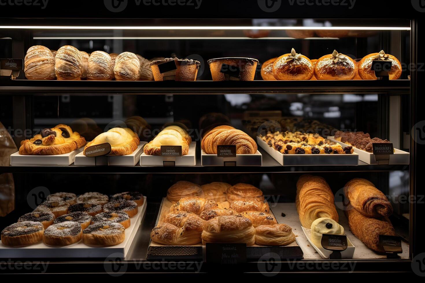 bakery interior with display counters full of scrumptious bread and pastries. Shop a patisserie or bakery with croissants, apple pies, waffles, and churros. Freshly baked pastries. photo