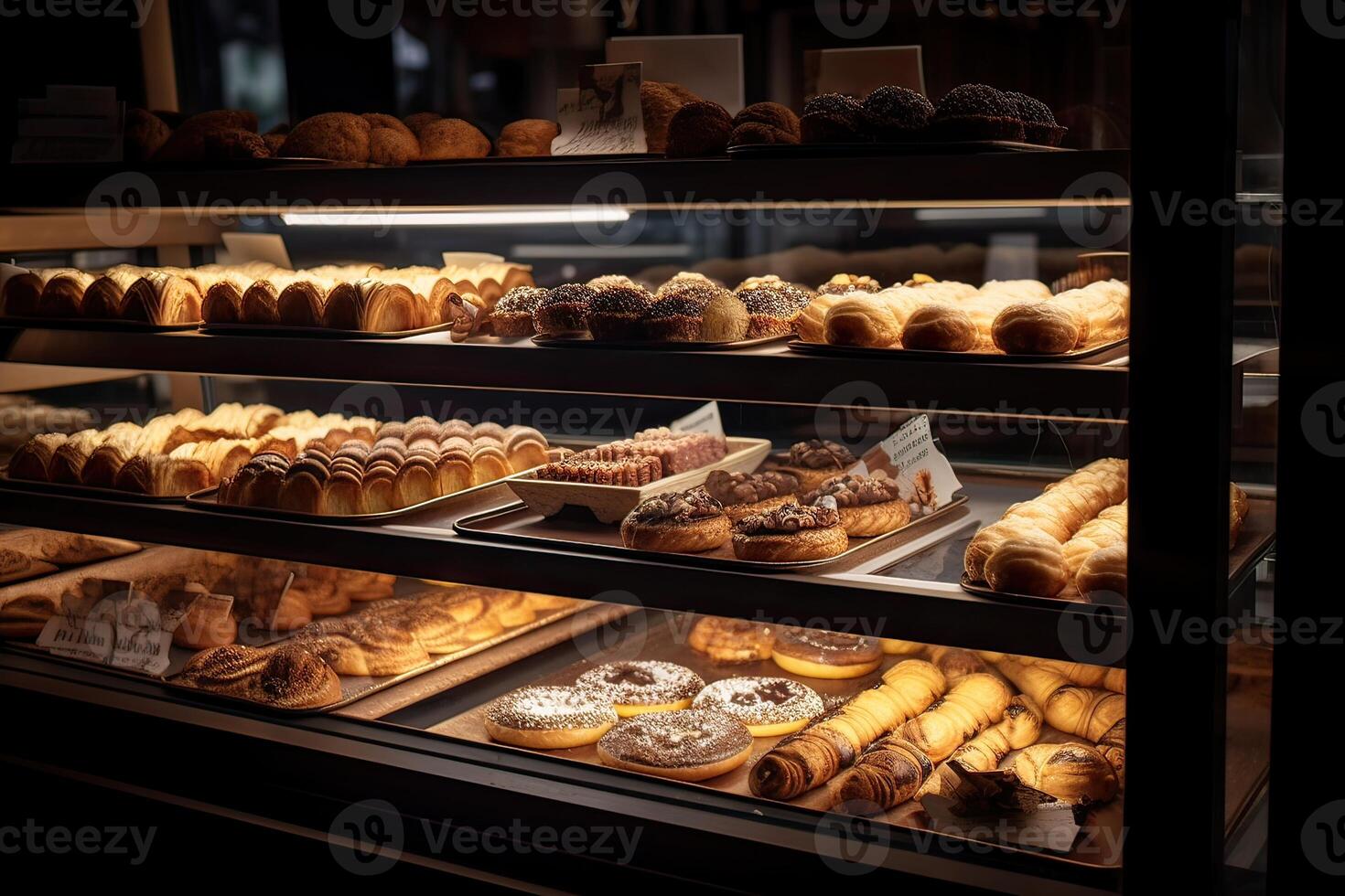 bakery interior with display counters full of scrumptious bread and pastries. Shop a patisserie or bakery with croissants, apple pies, waffles, and churros. Freshly baked pastries. photo