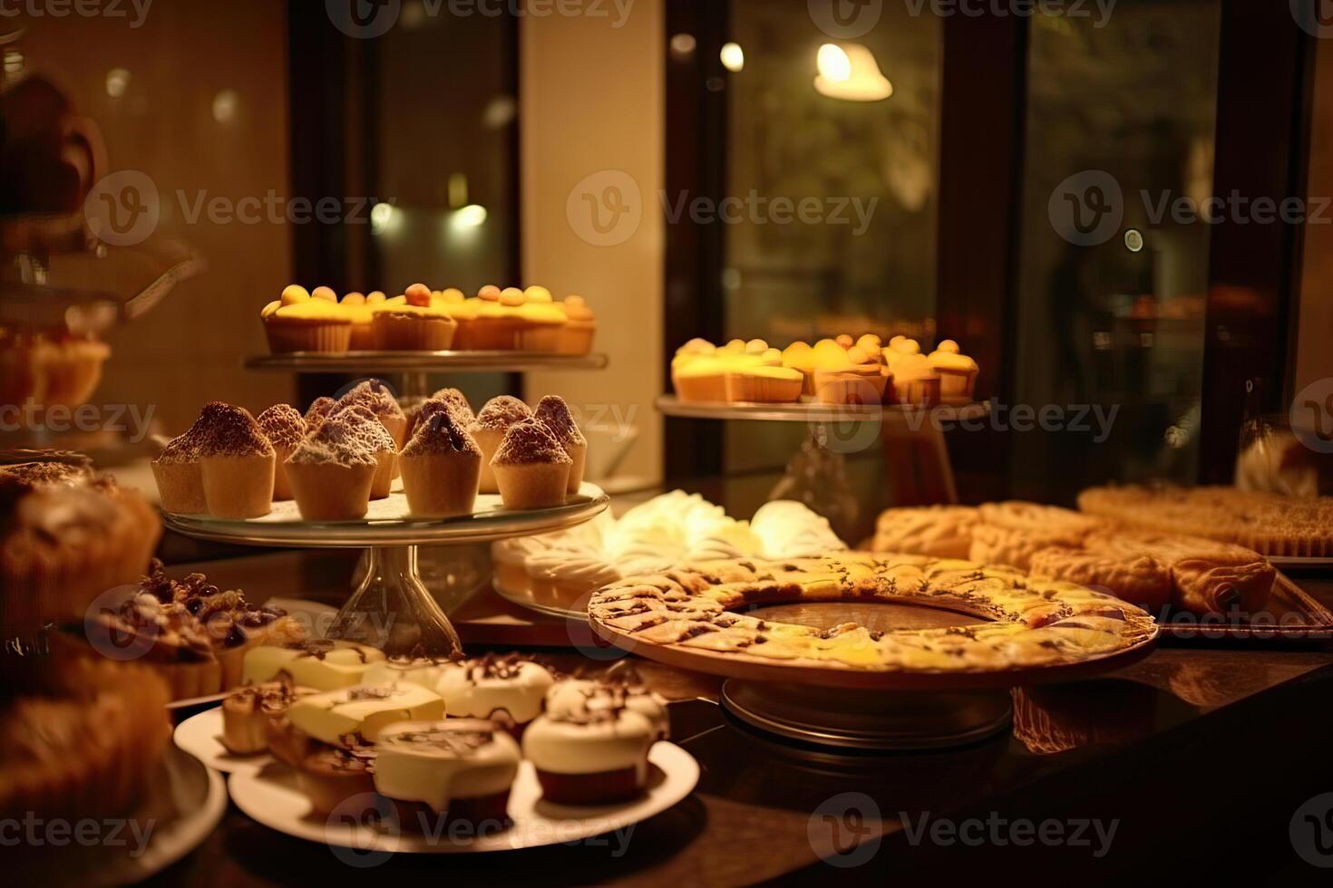 bakery interior with display counters full of scrumptious bread and pastries. Shop a patisserie or bakery with croissants, apple pies, waffles, and churros. Freshly baked pastries. photo