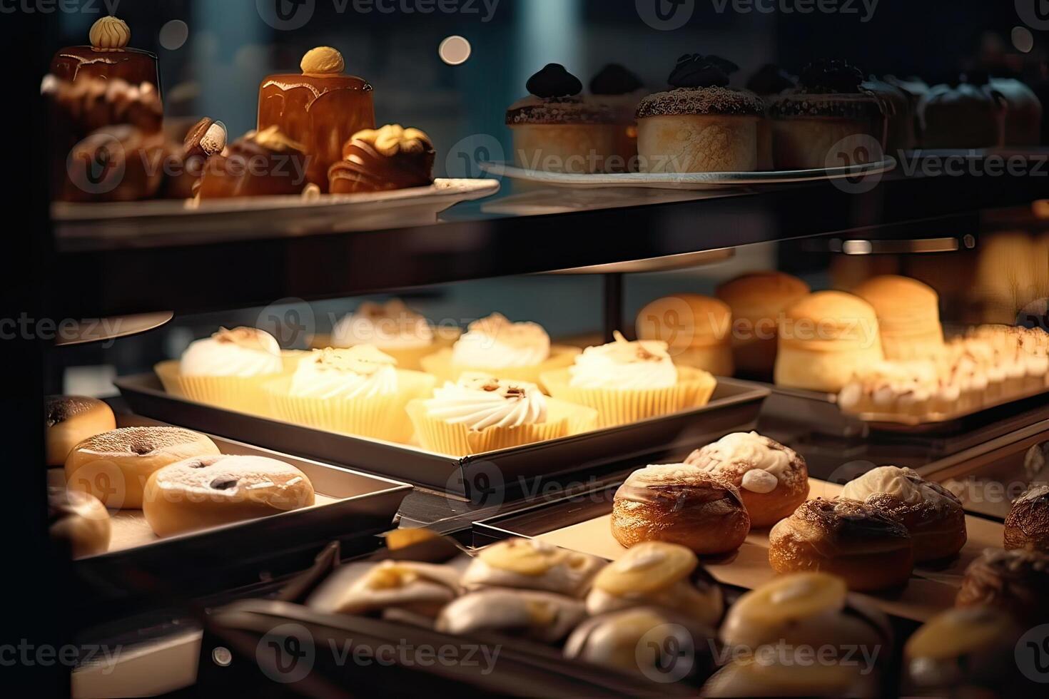 panadería interior con monitor contadores lleno de de chuparse los dedos un pan y pasteles tienda un pastelería o panadería con cruasanes, manzana empanadas, gofres, y churros. recién horneado pasteles generativo ai foto