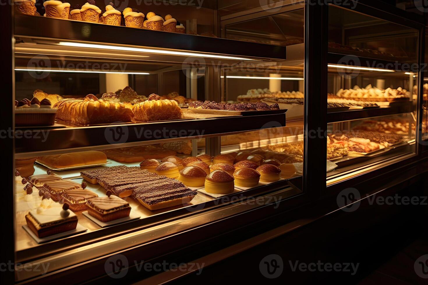 bakery interior with display counters full of scrumptious bread and pastries. Shop a patisserie or bakery with croissants, apple pies, waffles, and churros. Freshly baked pastries. photo