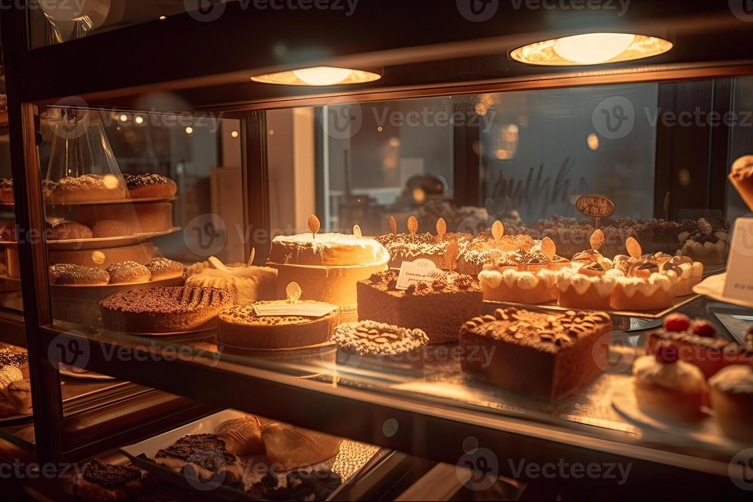 bakery interior with display counters full of scrumptious bread and pastries. Shop a patisserie or bakery with croissants, apple pies, waffles, and churros. Freshly baked pastries. photo