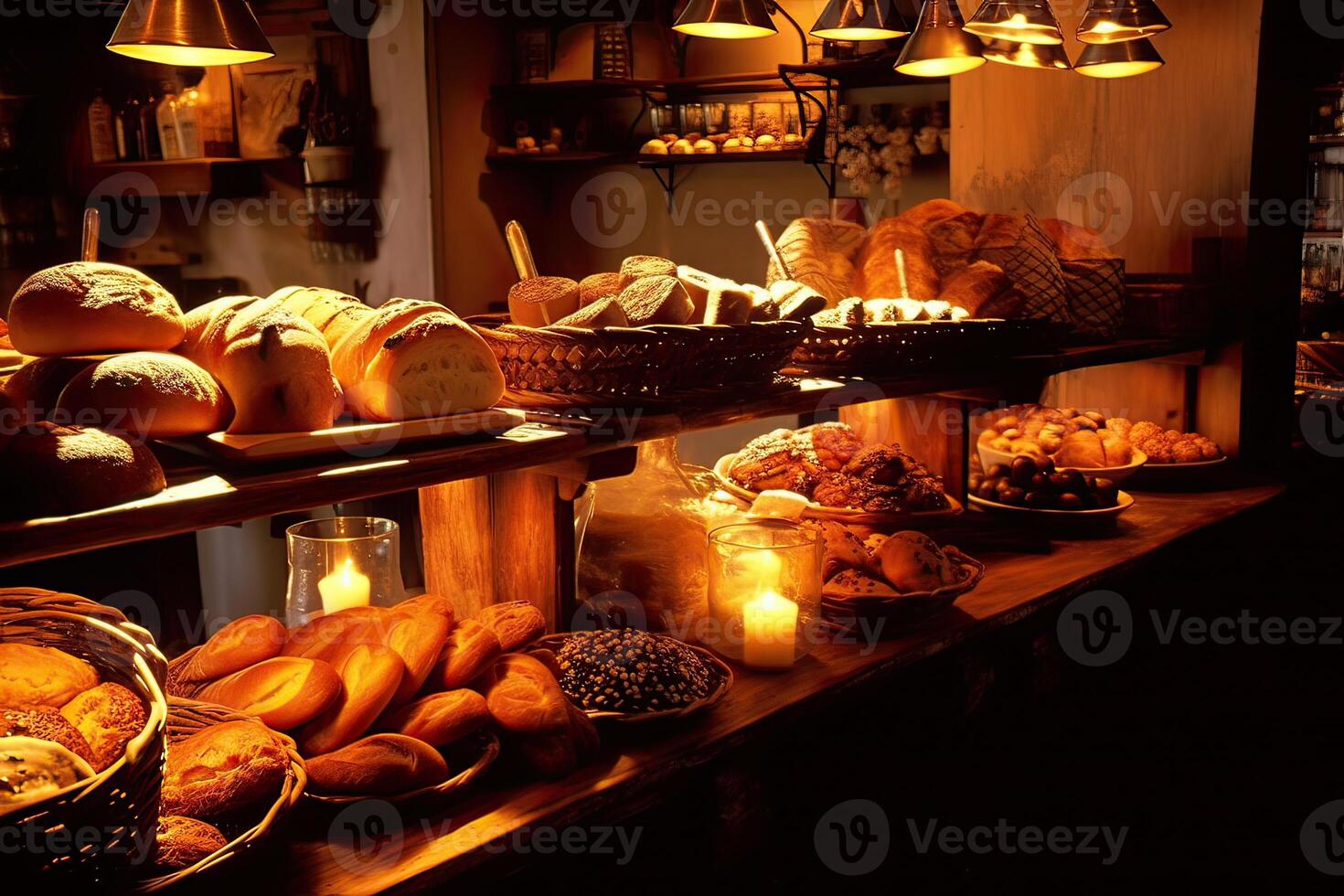 bakery interior with display counters full of scrumptious bread and pastries. Shop a patisserie or bakery with croissants, apple pies, waffles, and churros. Freshly baked pastries. photo