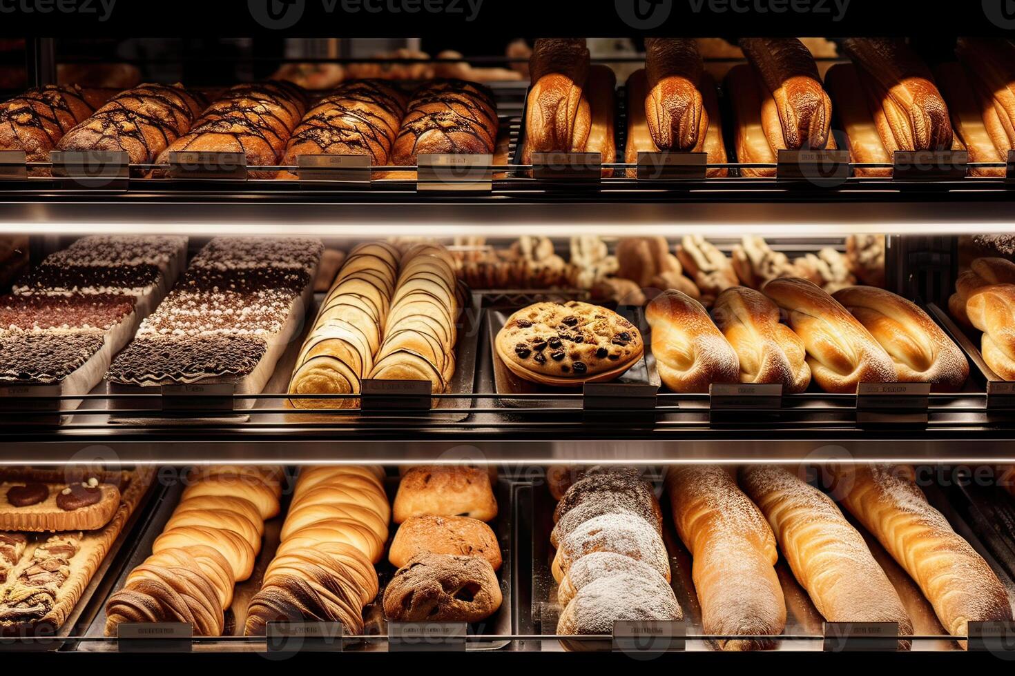 bakery interior with display counters full of scrumptious bread and pastries. Shop a patisserie or bakery with croissants, apple pies, waffles, and churros. Freshly baked pastries. photo