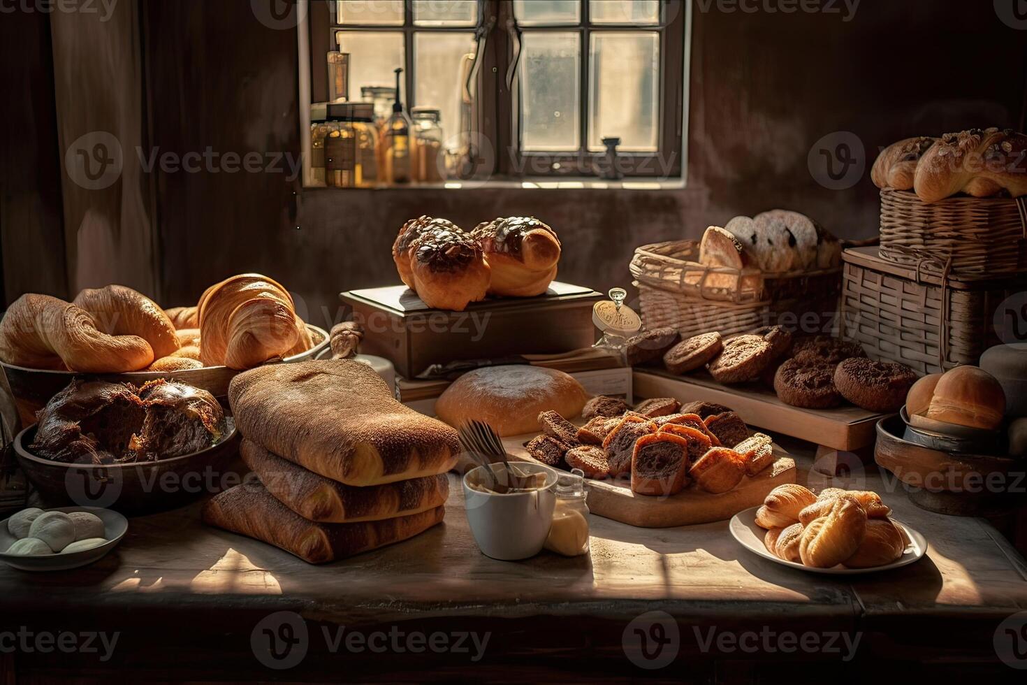 bakery interior with display counters full of scrumptious bread and pastries. Shop a patisserie or bakery with croissants, apple pies, waffles, and churros. Freshly baked pastries. photo