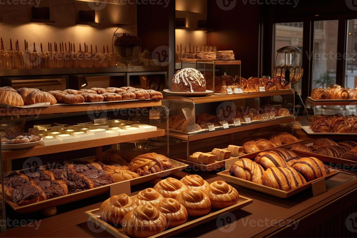 bakery interior with display counters full of scrumptious bread and pastries. Shop a patisserie or bakery with croissants, apple pies, waffles, and churros. Freshly baked pastries. photo