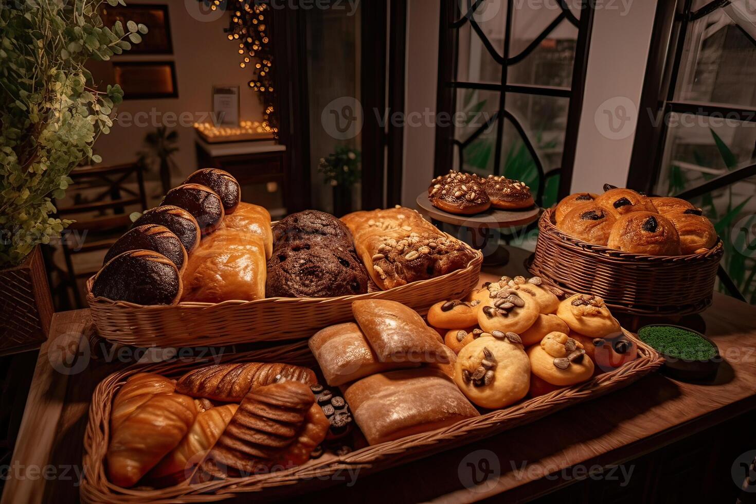 bakery interior with display counters full of scrumptious bread and pastries. Shop a patisserie or bakery with croissants, apple pies, waffles, and churros. Freshly baked pastries. photo