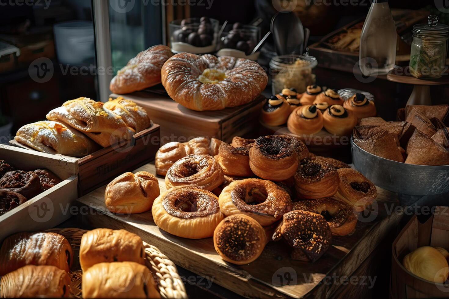 bakery interior with display counters full of scrumptious bread and pastries. Shop a patisserie or bakery with croissants, apple pies, waffles, and churros. Freshly baked pastries. photo