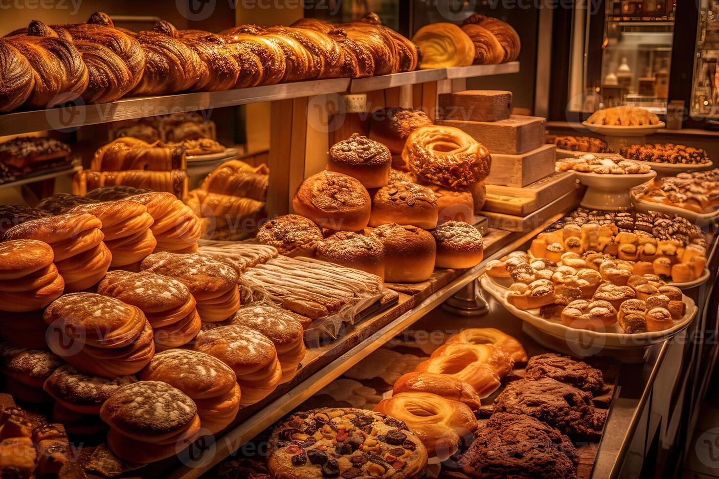 bakery interior with display counters full of scrumptious bread and pastries. Shop a patisserie or bakery with croissants, apple pies, waffles, and churros. Freshly baked pastries. photo