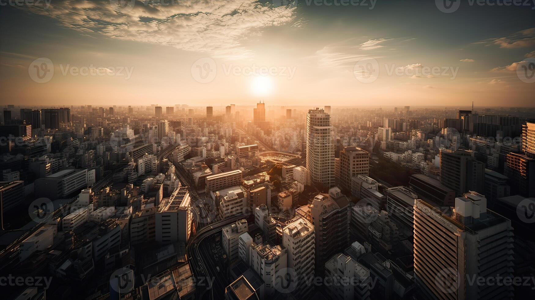 A beautiful and dramatic panoramic photograph of the city skyline, taken on a golden evening after sunset. . photo