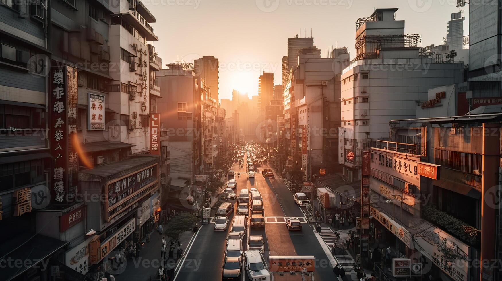 A beautiful and dramatic panoramic photograph of the city skyline, taken on a golden evening after sunset. . photo