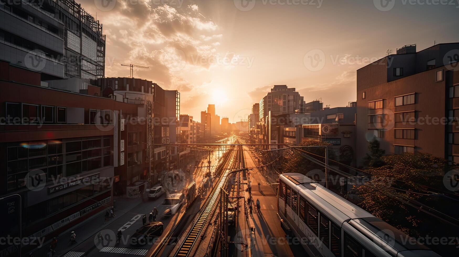 A beautiful and dramatic panoramic photograph of the city skyline, taken on a golden evening after sunset. . photo