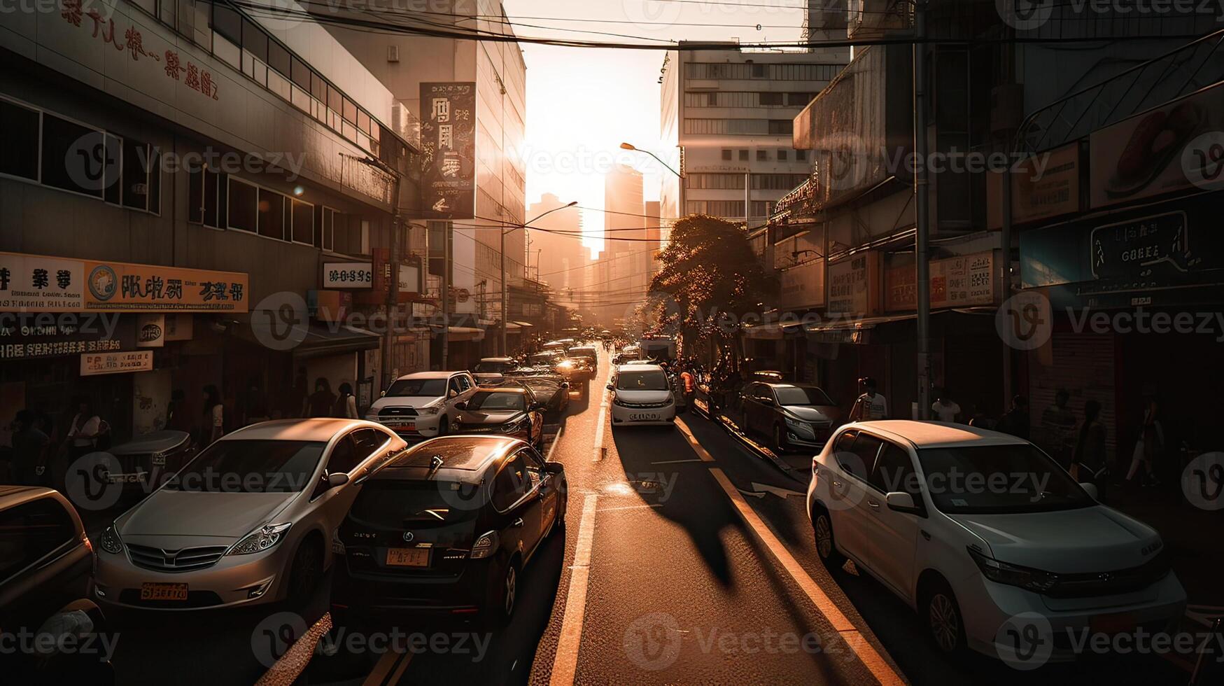 A beautiful and dramatic panoramic photograph of the city skyline, taken on a golden evening after sunset. . photo