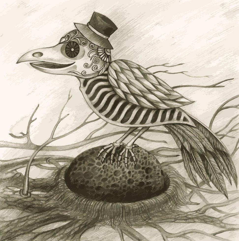 Art fancy surreal skull the crow. Hand drawing and make graphic vector. vector