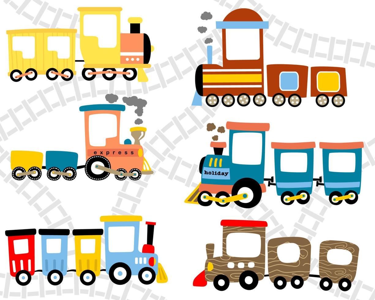 Vector set of steam train cartoon on railroad background