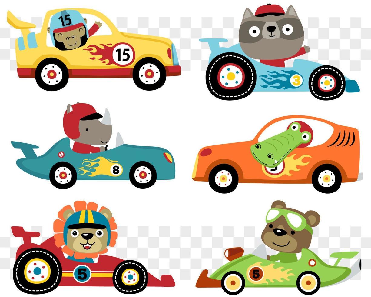 vector conjunto de carreras coche dibujos animados con gracioso corredor animales