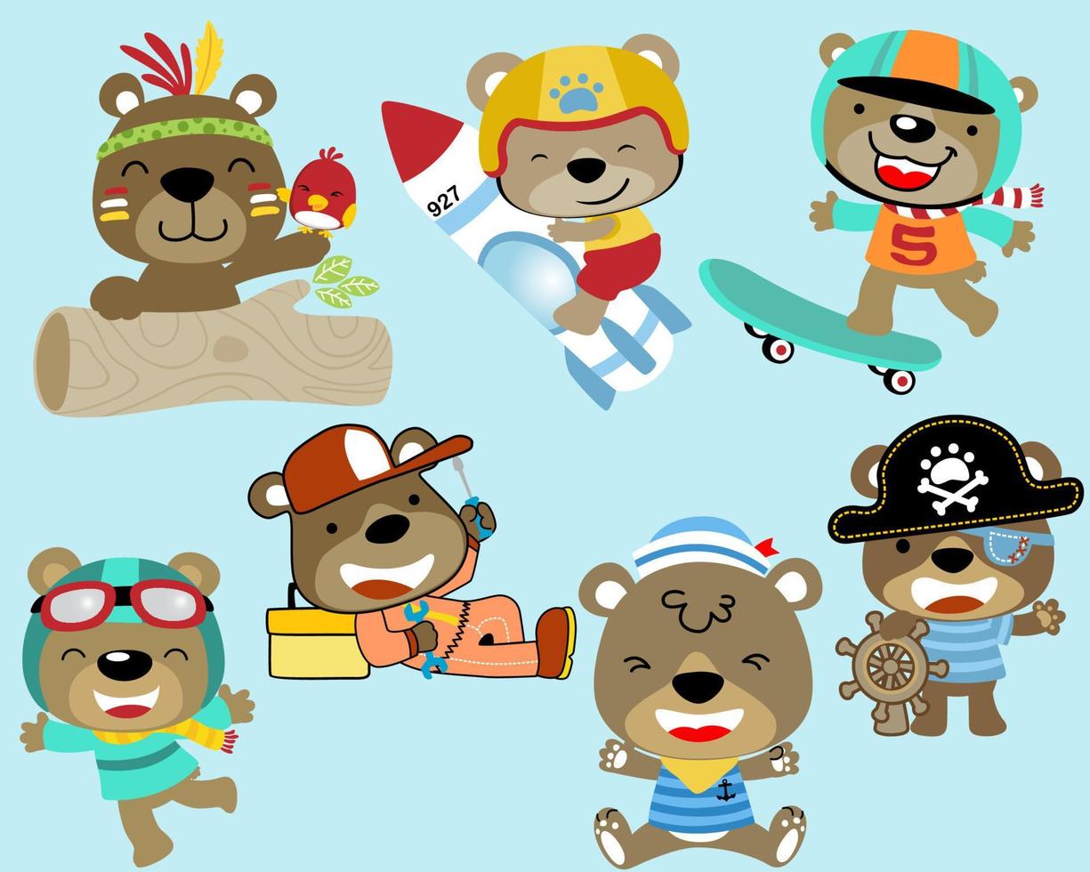 Vector set of funny bear cartoon in different costume and activity