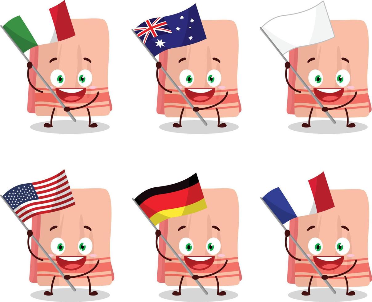 toalla dibujos animados personaje traer el banderas de varios países vector