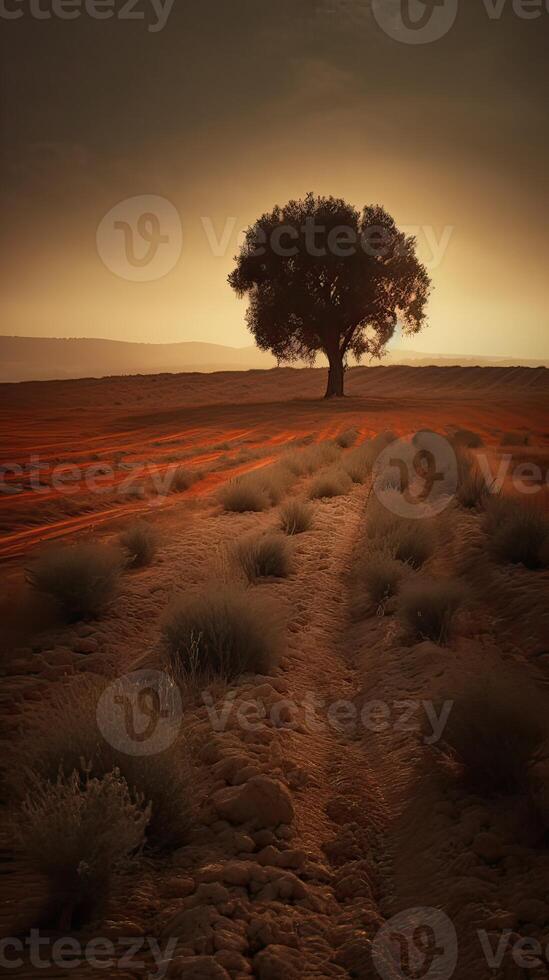 illustration art of Landscape, tree on meadow at sunrise with sun and mist. Abstract surreal illustration. . photo