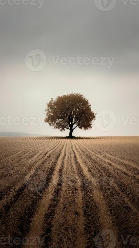 illustration art of Landscape, tree on meadow at sunrise with sun and mist. Abstract surreal illustration. . photo