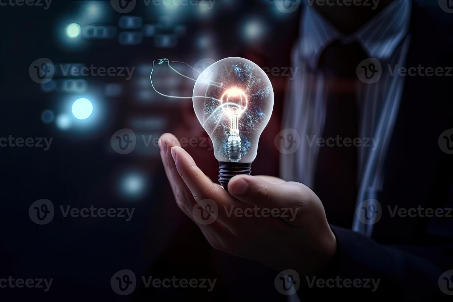 Hand of businessman holding illuminated light bulb, idea, innovation and inspiration concept. . photo