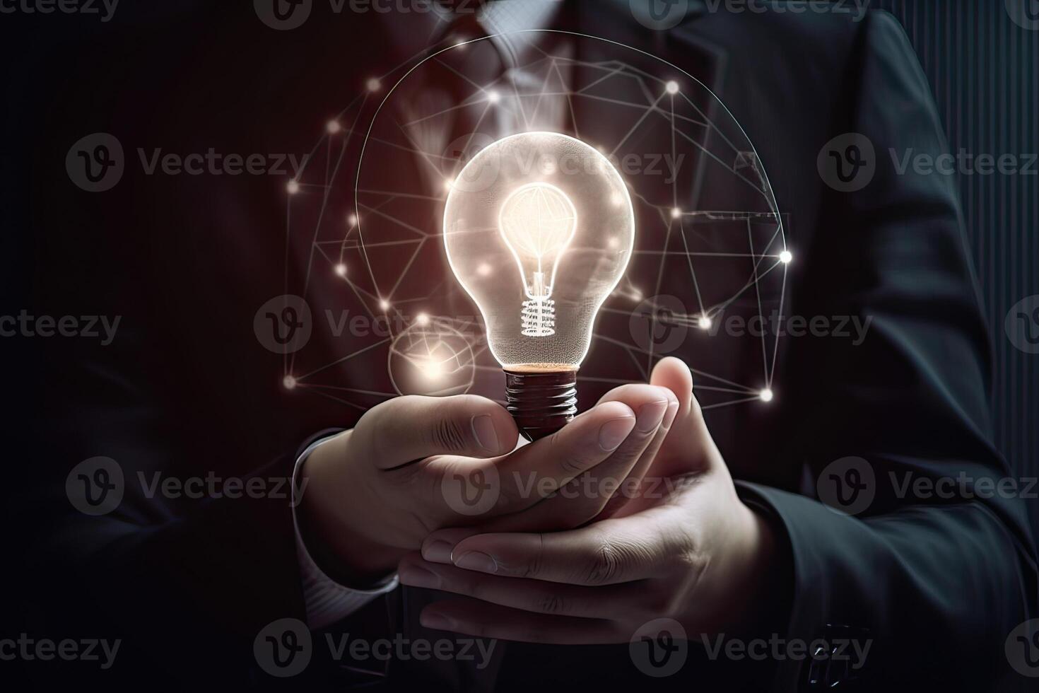 Hand of businessman holding illuminated light bulb, idea, innovation and inspiration concept. . photo