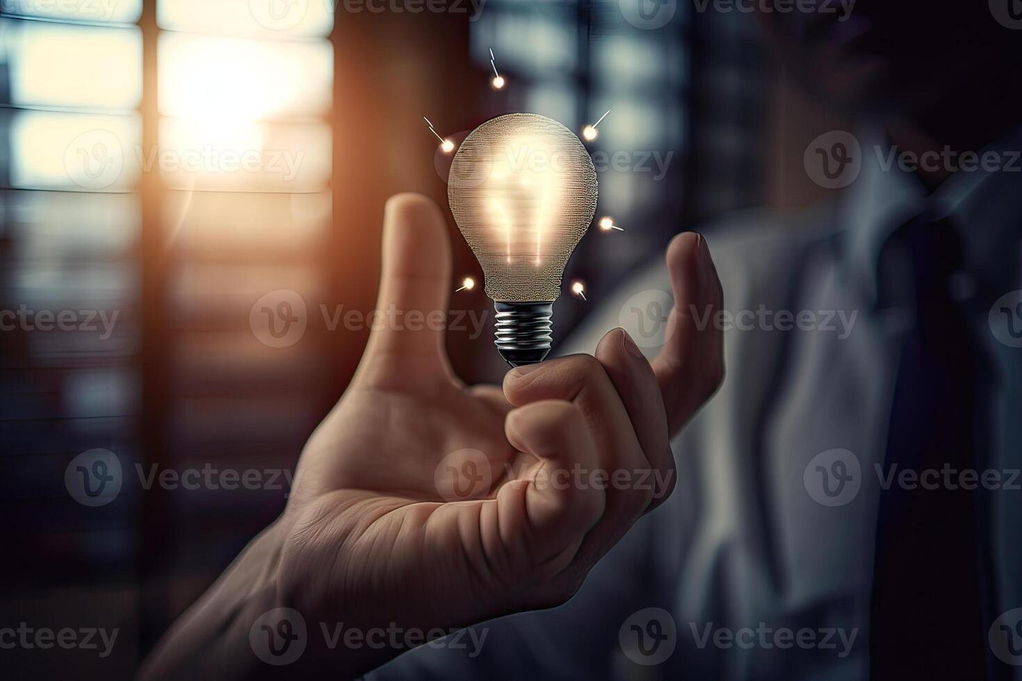 Hand of businessman holding illuminated light bulb, idea, innovation and inspiration concept. . photo