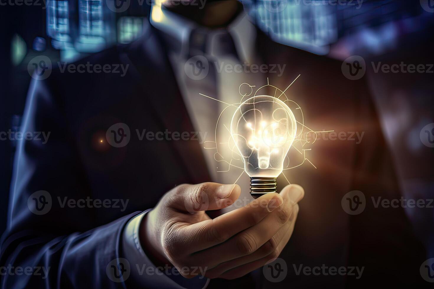 Hand of businessman holding illuminated light bulb, idea, innovation and inspiration concept. . photo