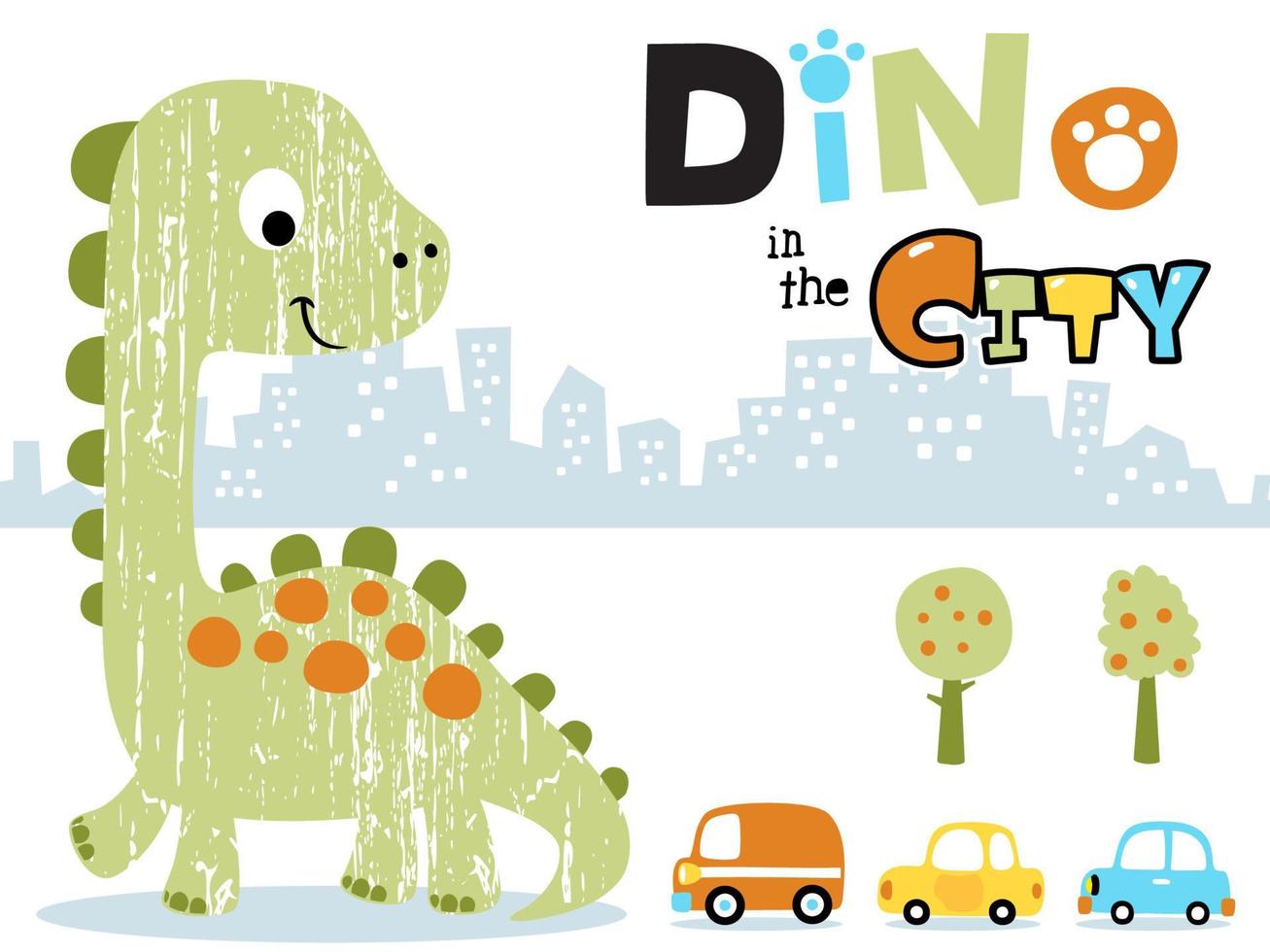 grande dinosaurio dibujos animados con pequeño carros en el ciudad vector