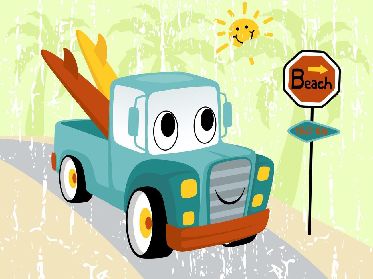 Funny truck cartoon carrying surfboard on the road, traffic sign, smiling sun vector