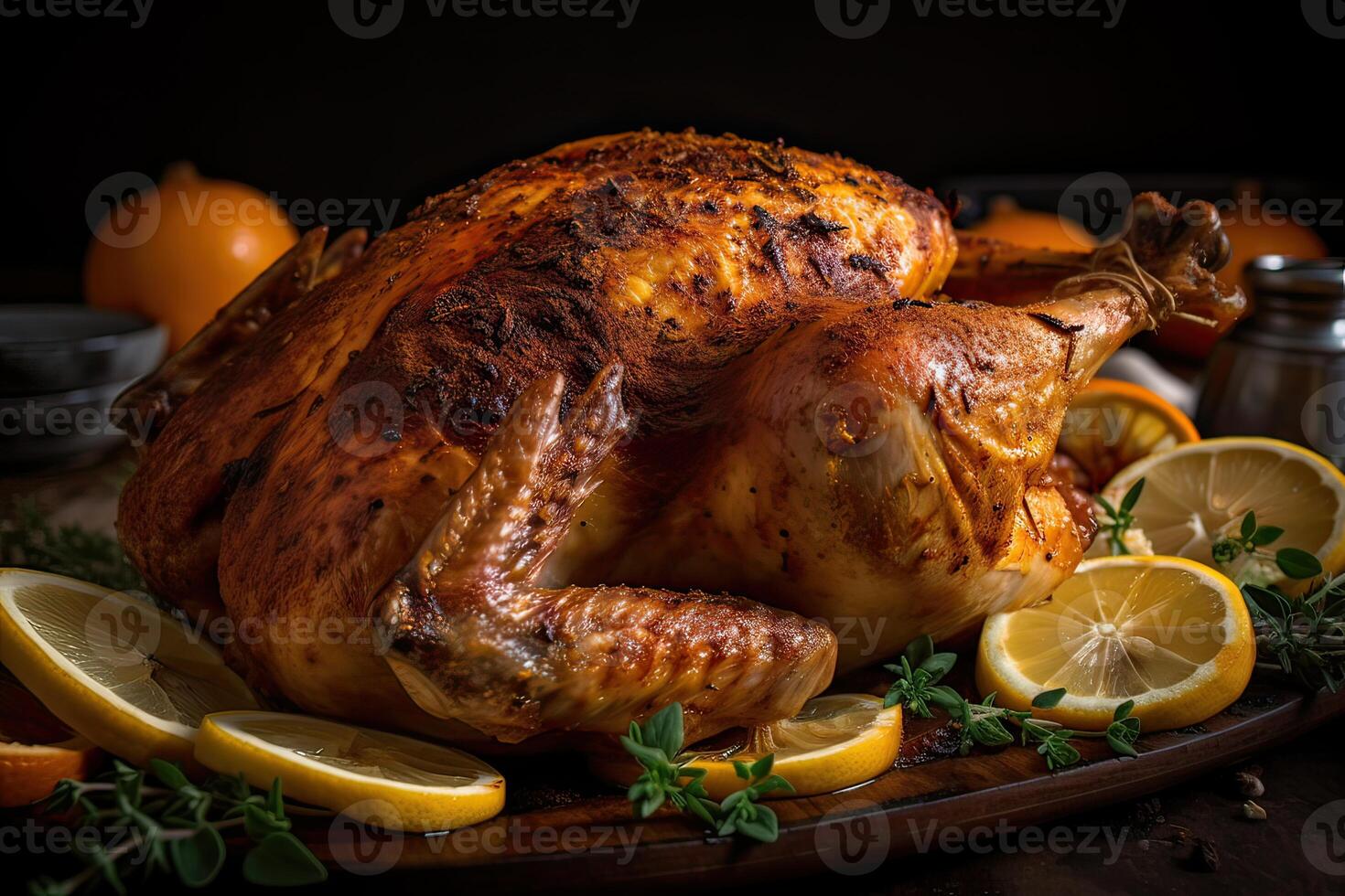 Festive celebration roasted turkey with gravy for Thanksgiving or Christmas. . photo