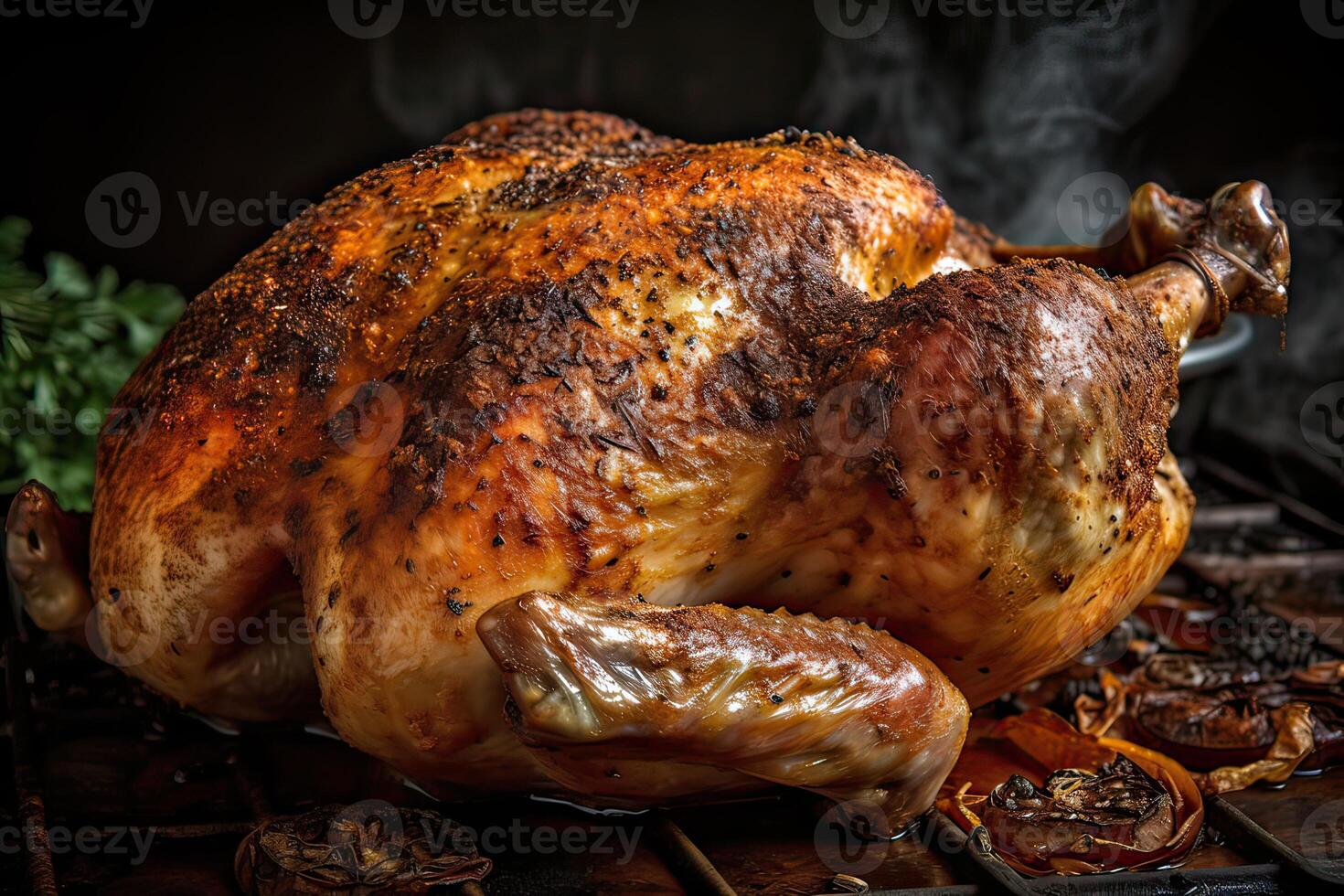 Festive celebration roasted turkey with gravy for Thanksgiving or Christmas. . photo