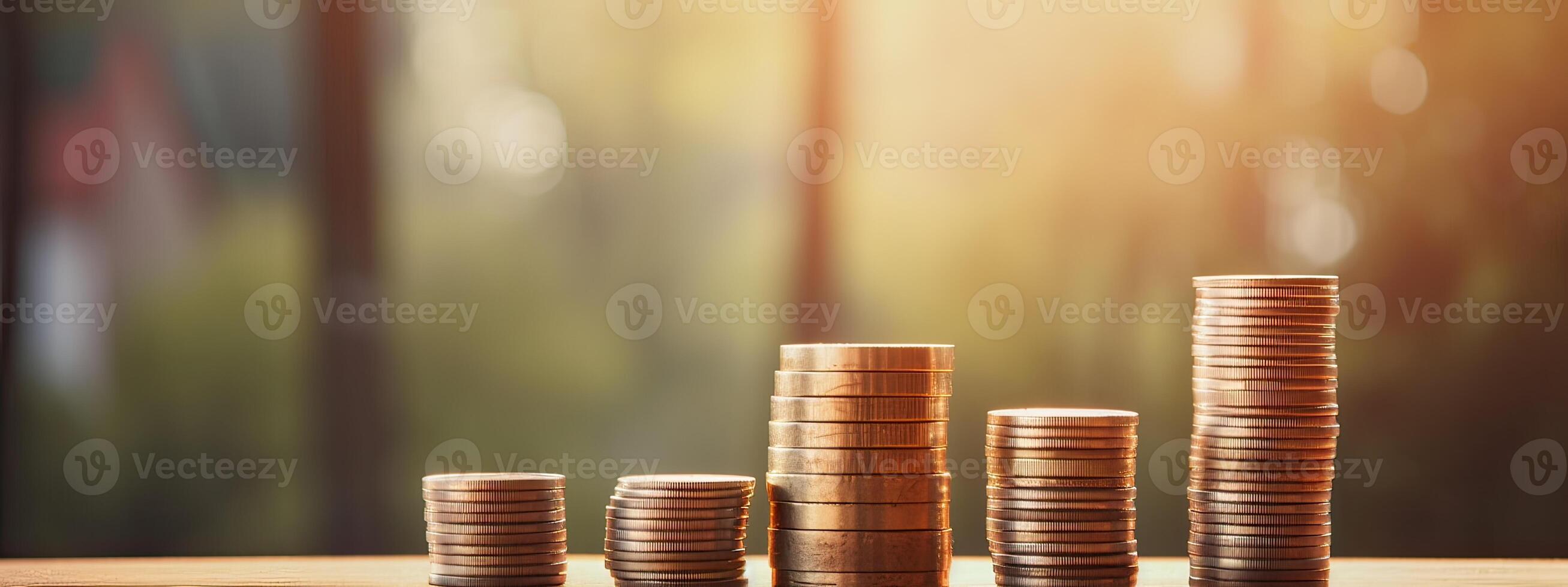 wooden house model and step of coins stacks with tree growing on top, nature background, money, saving and investment or family planning concept, over sun flare. . photo