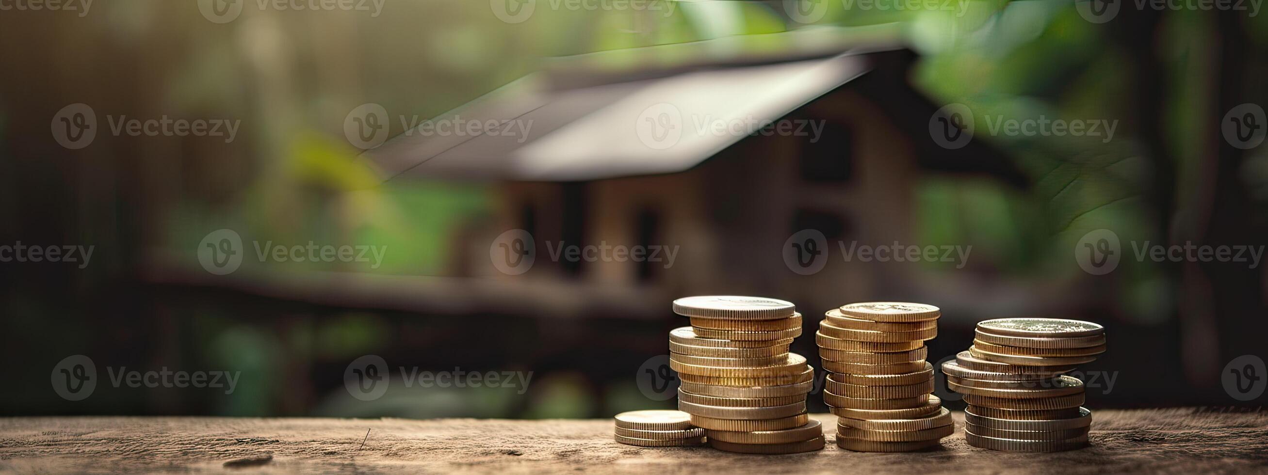 de madera casa modelo y paso de monedas pilas con árbol creciente en arriba, naturaleza fondo, dinero, ahorro y inversión o familia planificación concepto, terminado Dom llamarada. generativo ai. foto