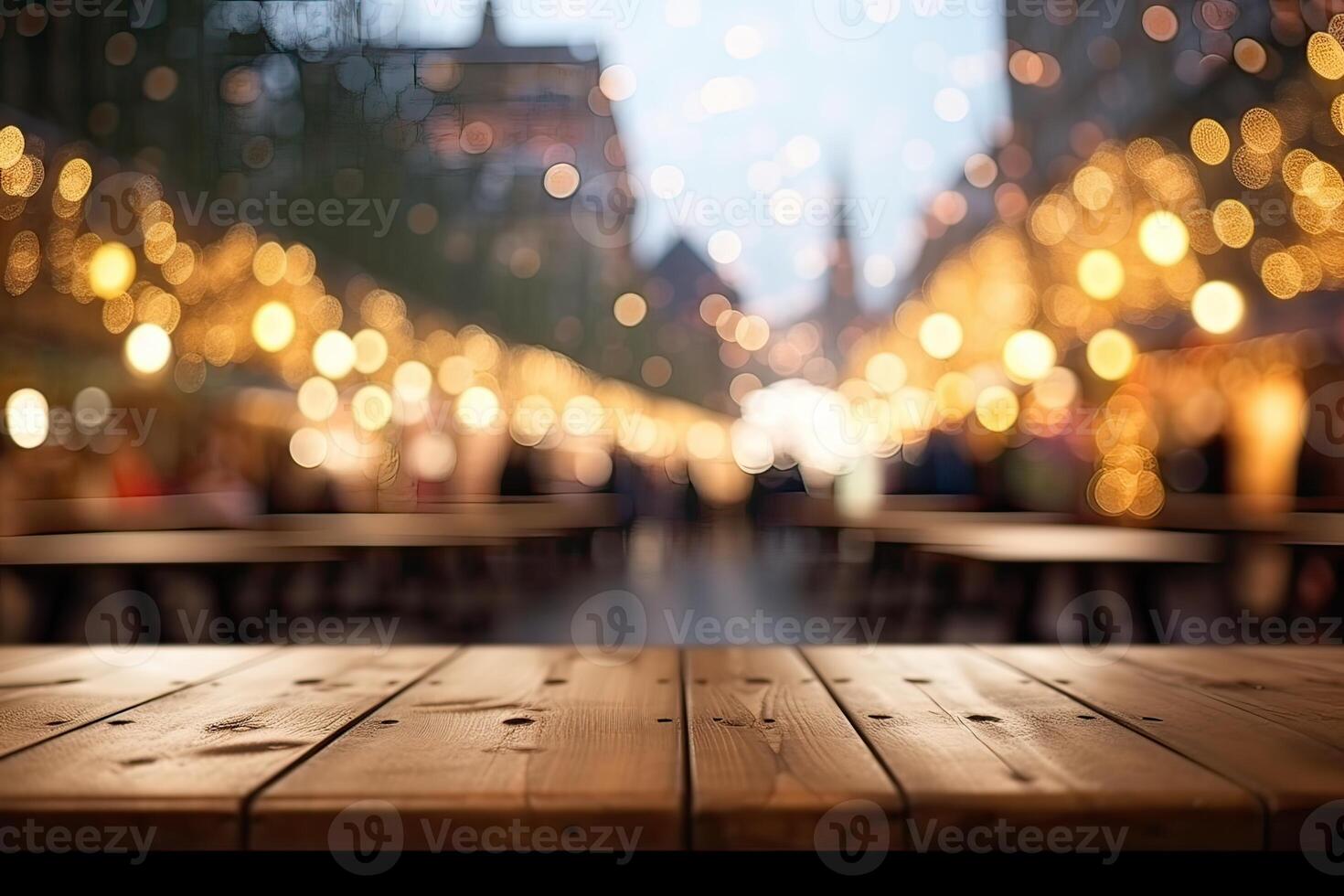 Empty wooden table in front of abstract blurred background. wood table in front can be used for display or montage your products.Mock up for display of product. . photo