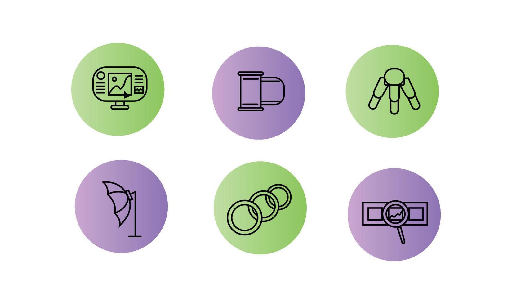 Icons photographer. Photographer equipment icons set colored. Monitor, photographic film, tripod, umbrella-softbox, ring lamp, film with a magnifying glass vector