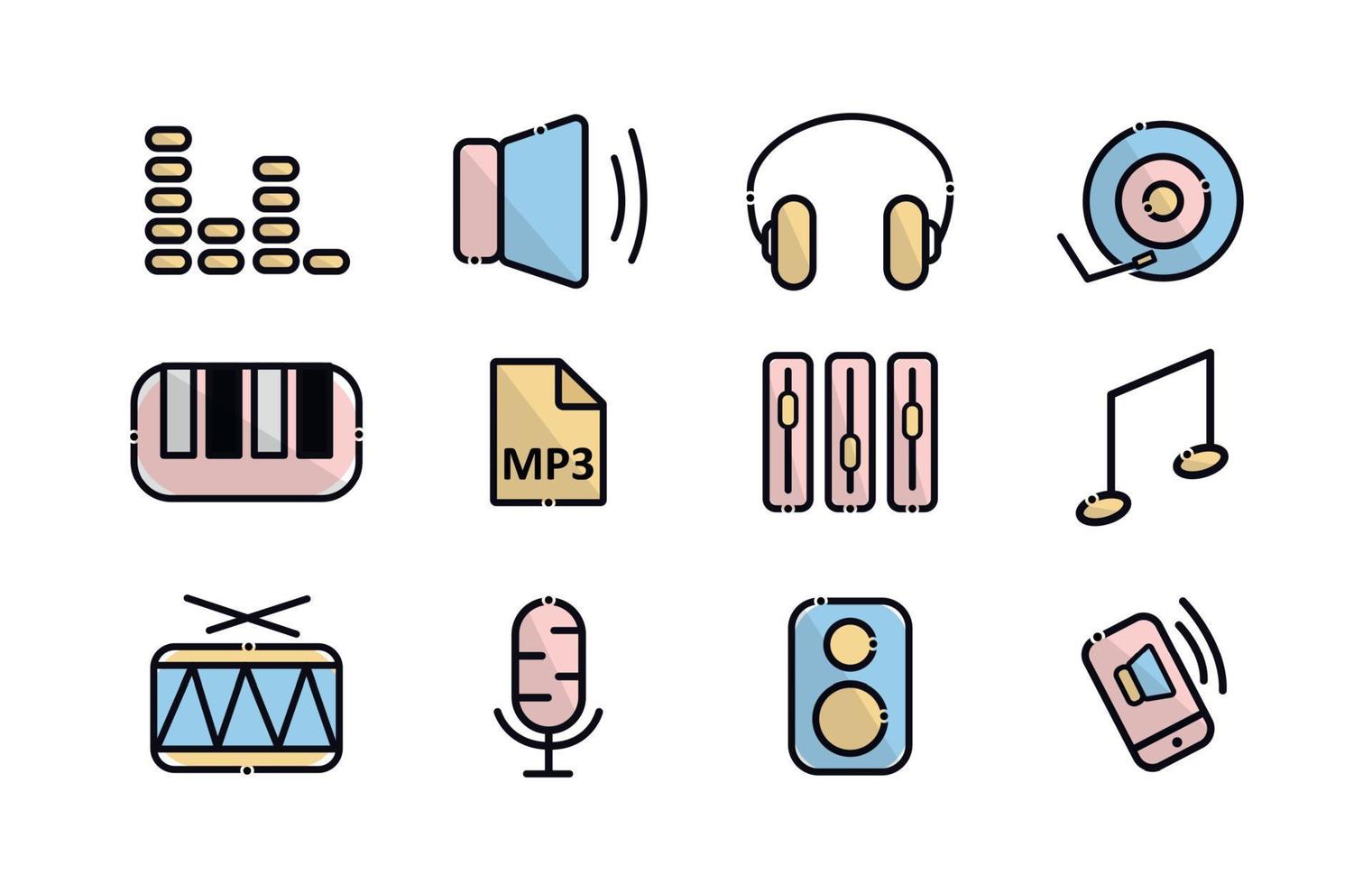 A set of music icons. Elements in the set volume, mp3 format, speaker, sound, note, synthesizer, call on the phone, player, microphone, headphones, drum vector