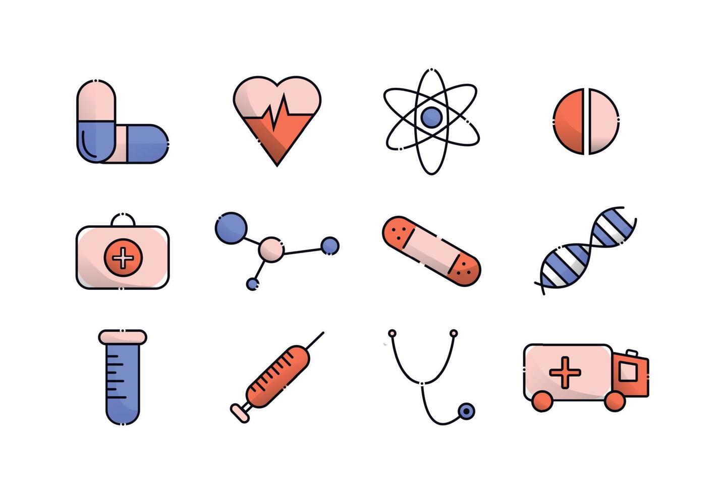 Medicine icons set. Elements in the set tablet, dna, syringe, capsule, heart, medical suitcase, stethoscope, ambulance, ambulance, test tube. vector