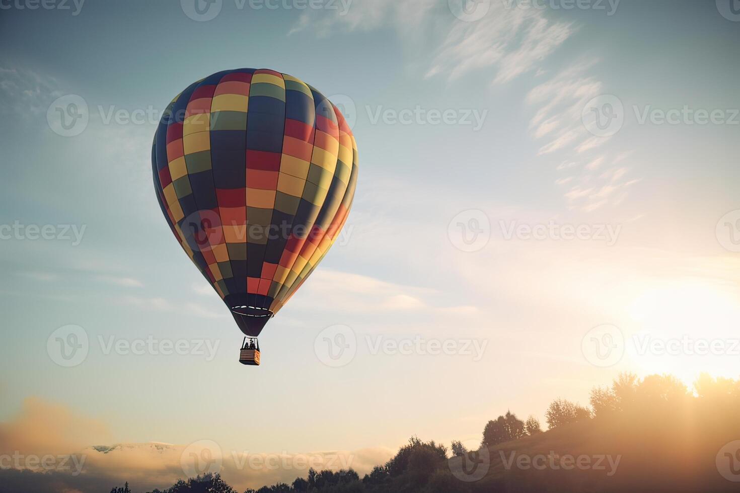 Colorful hot air balloon flying on sky at sunset. travel and air transportation concept. . photo