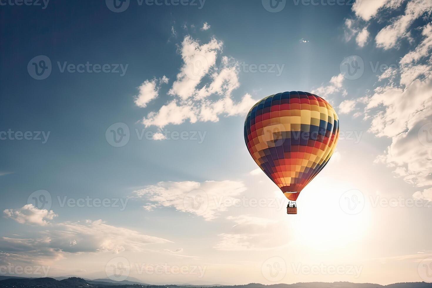 Colorful hot air balloon flying on sky at sunset. travel and air transportation concept. . photo