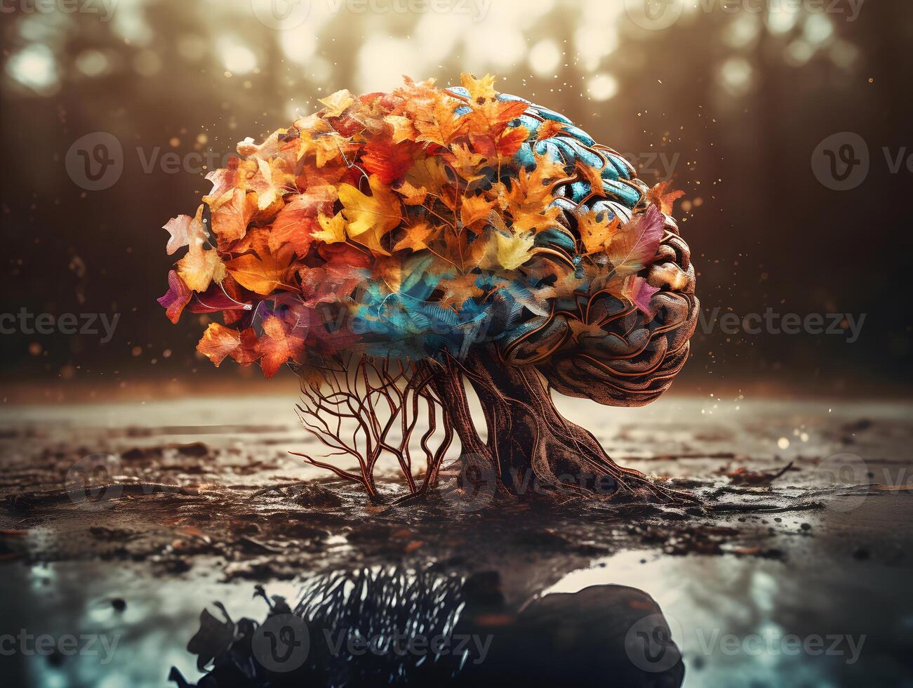 Human brain tree with colorful leaves, creative mind with nature background. photo