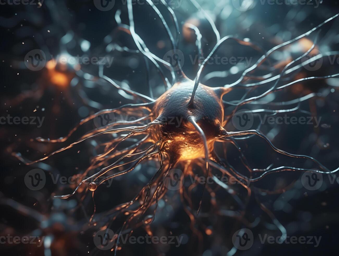 neurons inside human brain, brain nervous system at work . biology wallpaper. photo