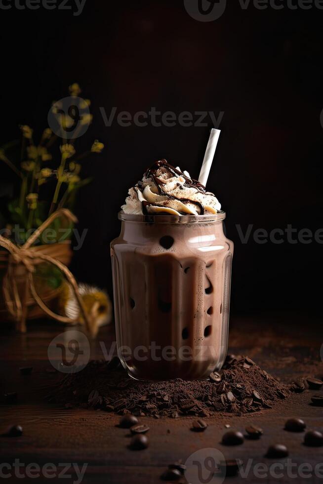 Chocolate milkshake with ice cream and with whipped cream, marshmallow, sweet popcorn, cookies, waffles, served in glass mason jar. . photo