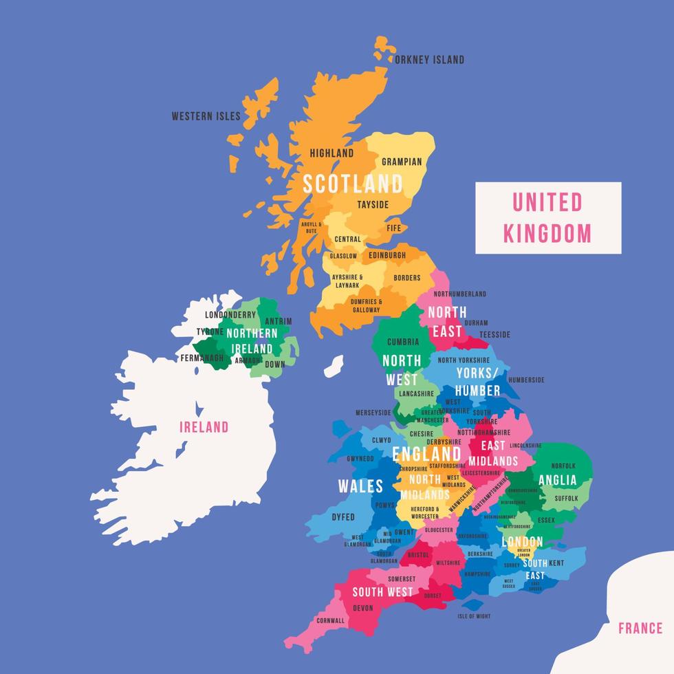 Detailed Map of United Kingdom and Surrounding Borders vector