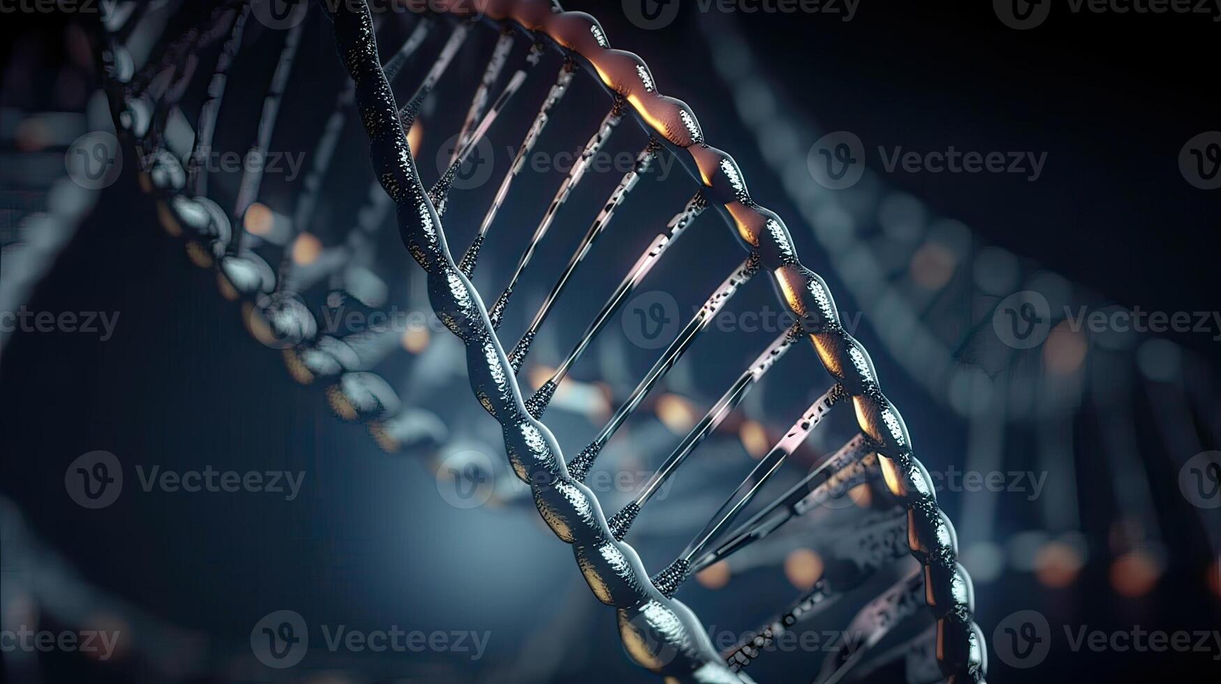 Molecule of DNA, double helix, 3D illustration. Genetic mutation and genetic disorders. Abstract DNA double helix with depth of field. photo