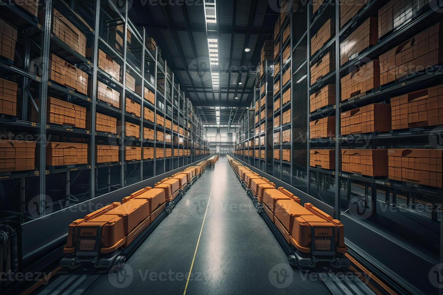 Autonomous Robot transportation in warehouses, Warehouse automation concept. . photo