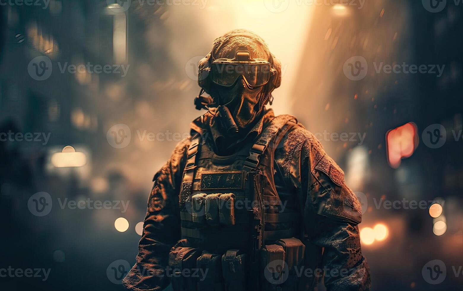 Professional soldier dressed in protective uniform against fire. soldier in uniform of special forces in a dangerous military action in a dangerous enemy area. Non-existent person. . photo